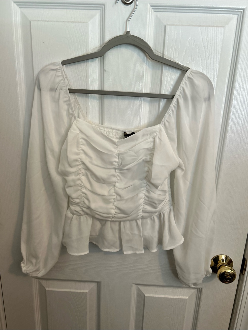 White Ruched Peplum Long-Sleeve Women's Cropped Top